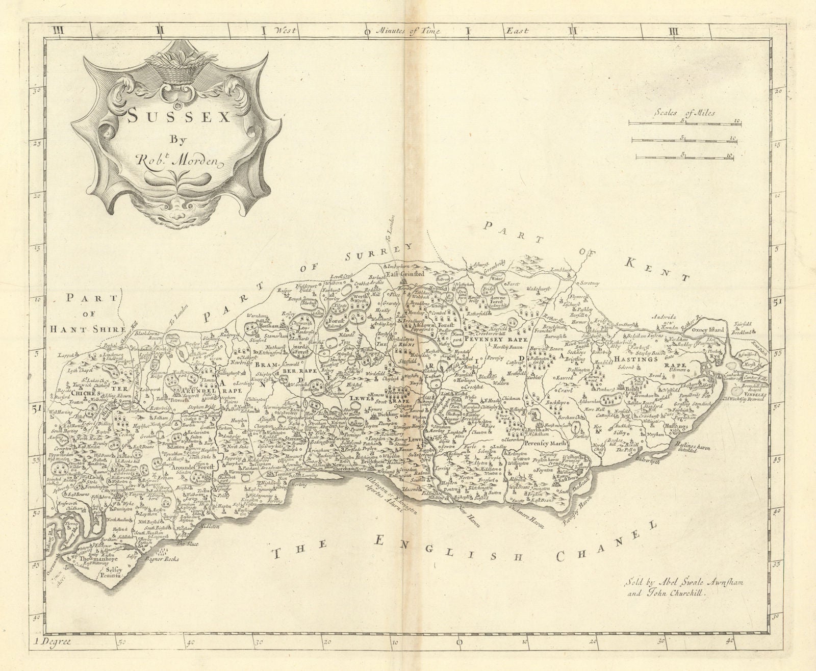 SUSSEX by ROBERT MORDEN from Camden's Britannia 1695 old antique map chart